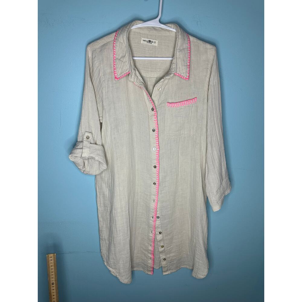 Natural Life Lola Gauze Shirt Dress beige color with pink whip stitched Size S